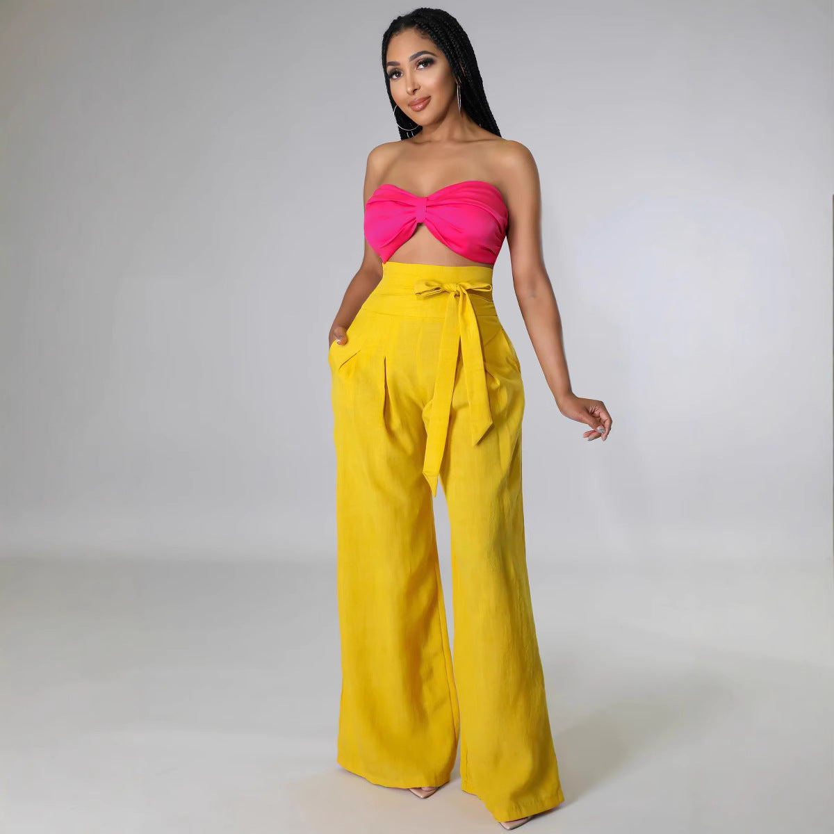 Dame Elegant bred bukser med høj talje og bindebælte Stilla