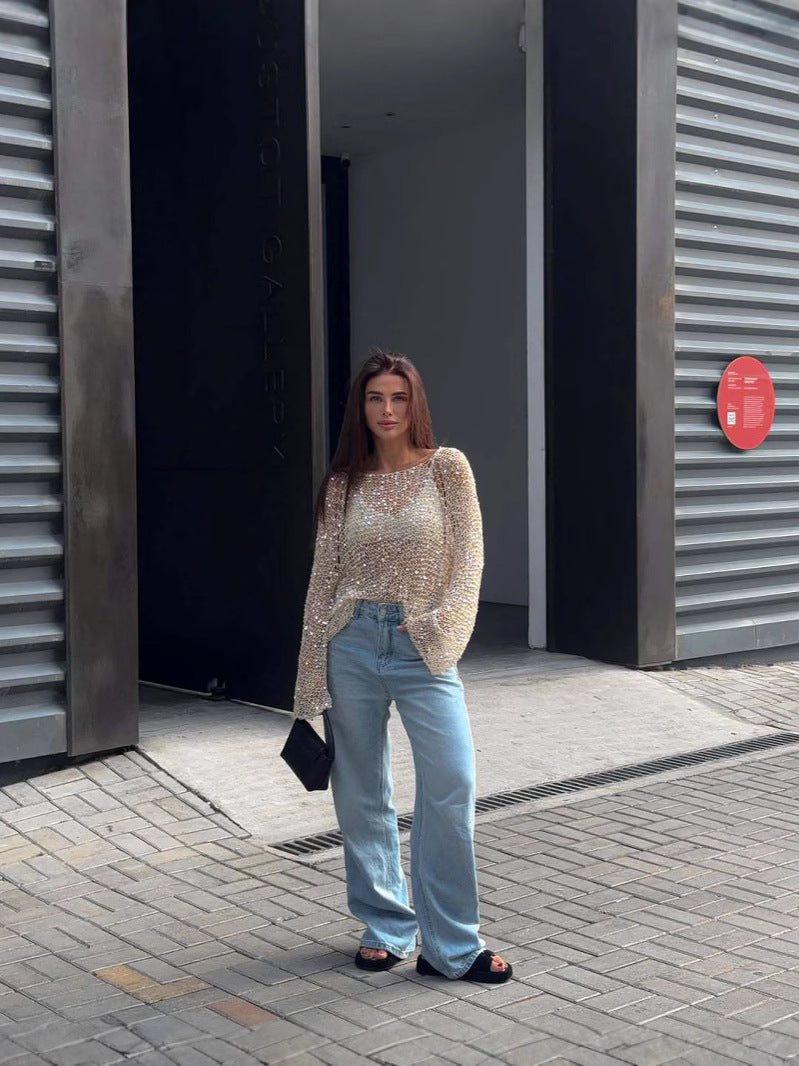 Dame Cropped Strikbluse med glitrende accenter Stilla