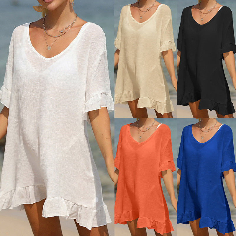 Dame afslappet strandtunika med flæsekanter Stilla