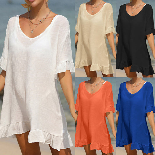 Dame afslappet strandtunika med flæsekanter Stilla