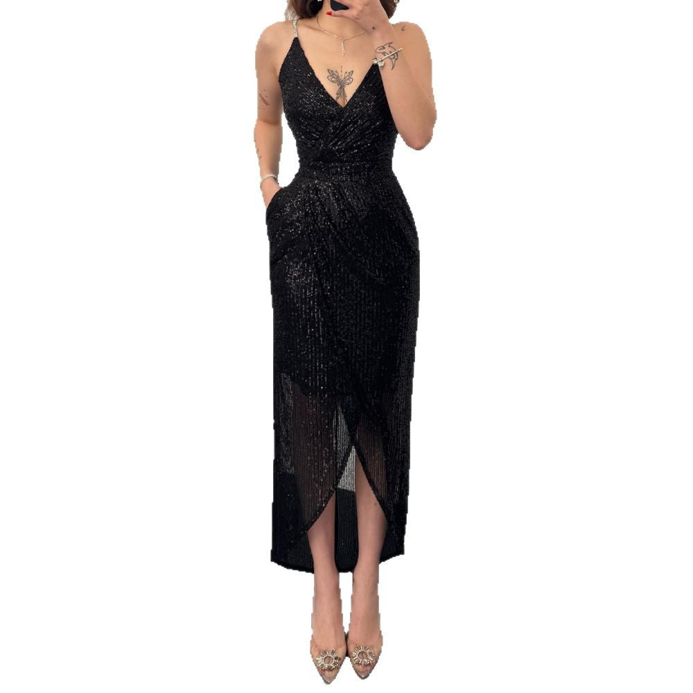 Dame Elegant Funktionskjole med skinnende paljettstof og dyb V-udskæring Stilla