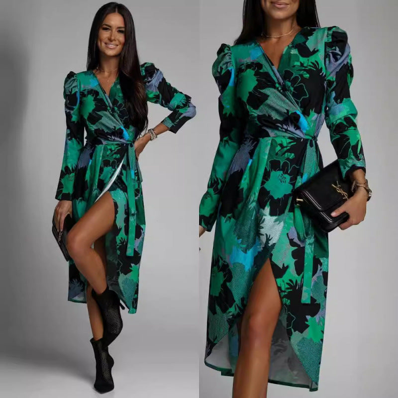 Dame Elegant Blomstret Print Wrap Kjole med Sidelængde Stilla