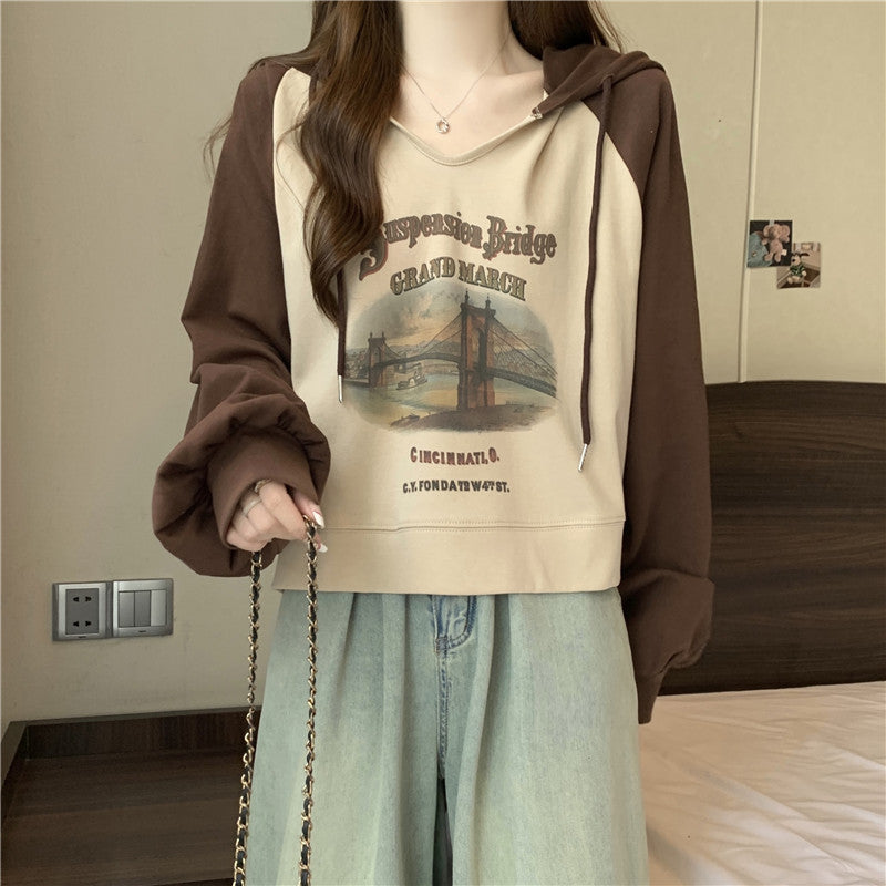 Dame Cropped Graphic Hoodie med Vintage Kunstværk Stilla