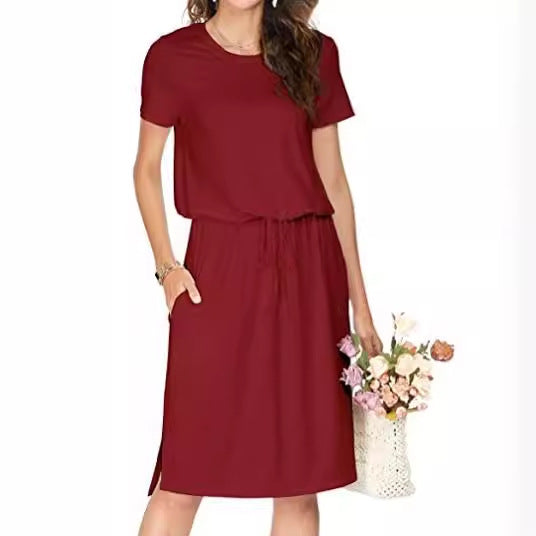 Dame afslappet midi-kjole med elastisk talje bånd og praktiske lommer Stilla