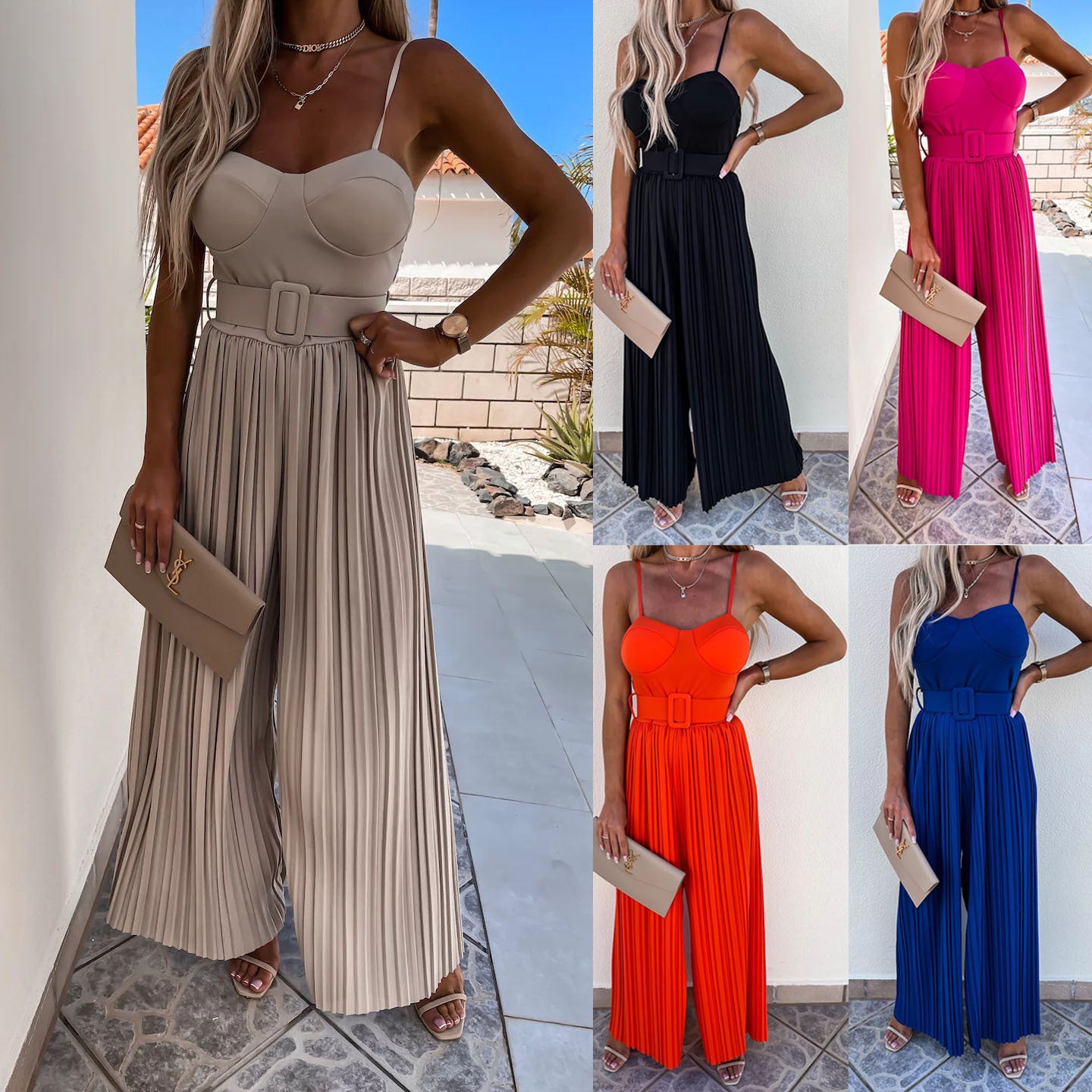 Dame Plisseret Jumpsuit med smalle stropper og bælte Stiila