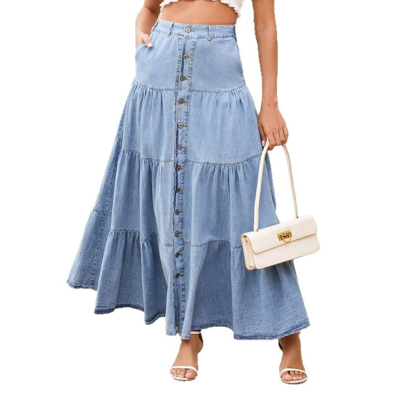 Dame Denim-Midirok med taljebånd og knapdetalje Stilla