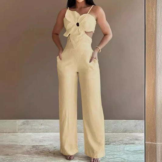 Dame jumpsuit med floral cut-out og brede ben Stilla