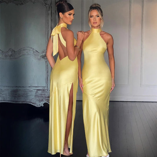 Dame Elegant Halterneck Maxikjole med slank pasform og sidelæg Stilla