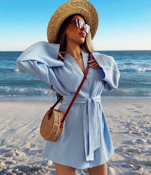 Dame afslappet Kimono-jakke med bælte og åbne ærmer Stilla