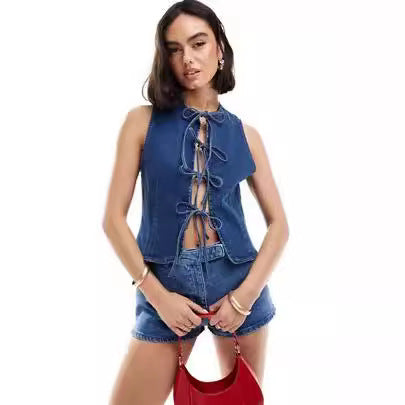 Dame Denim Skjortejakke med raffineret snøredesign Stilla