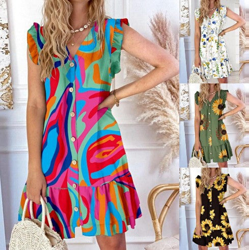 Dame afslappet Button-Down sommerkjole med flæseærmer Stilla