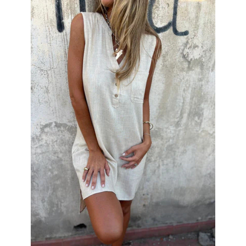 Dame afslappet linnedkjole med knapliste og sidelæg Stilla