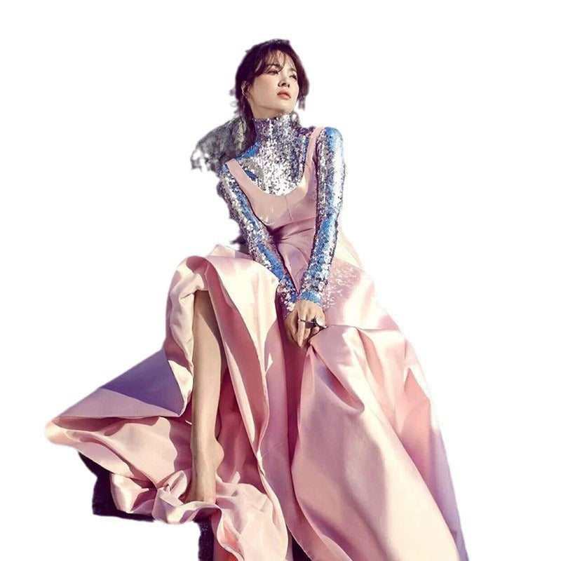 Dame Elegant aftenkjole med glitrende overdel og flydende skirt Stilla