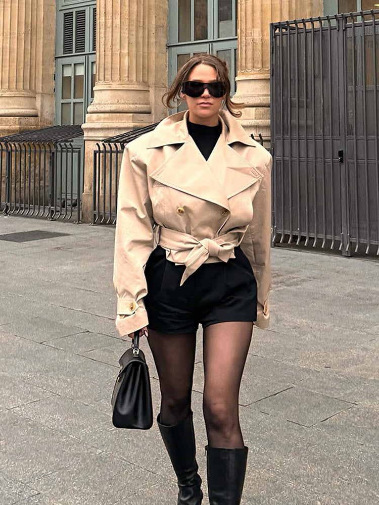 Dame Cropped Trenchcoat med bred revers og talje bælte Stilla