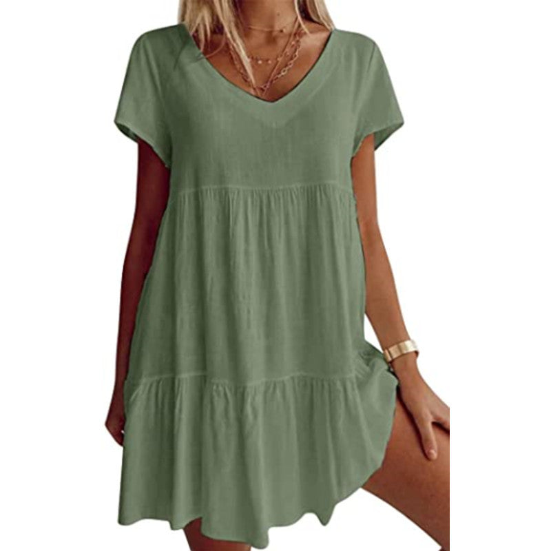 Dame afslappet jerseykjole med voluminiøs nederdel og V-udskæring Stilla