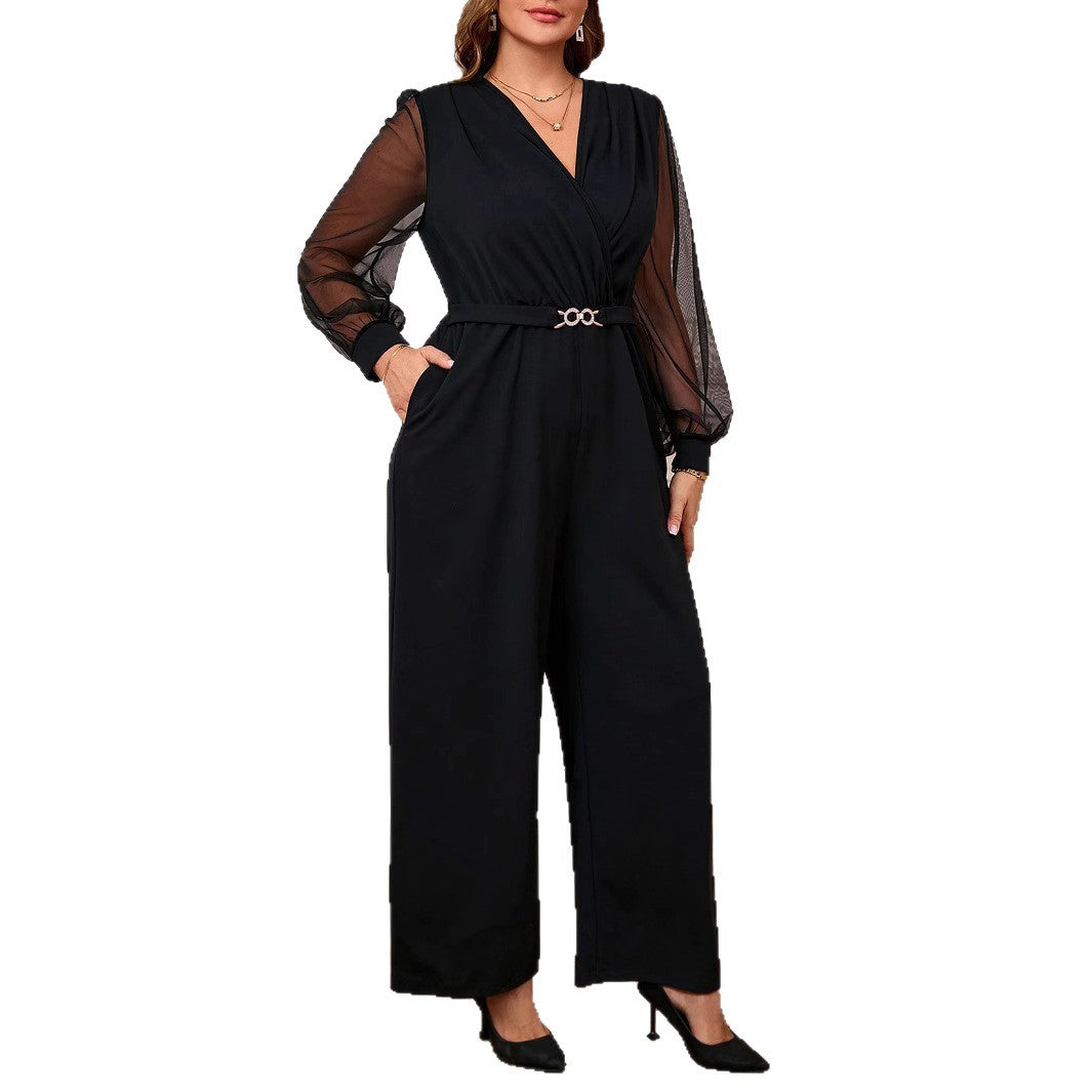 Dame elegant jumpsuit med transparente ærmer og talje bælte Stilla