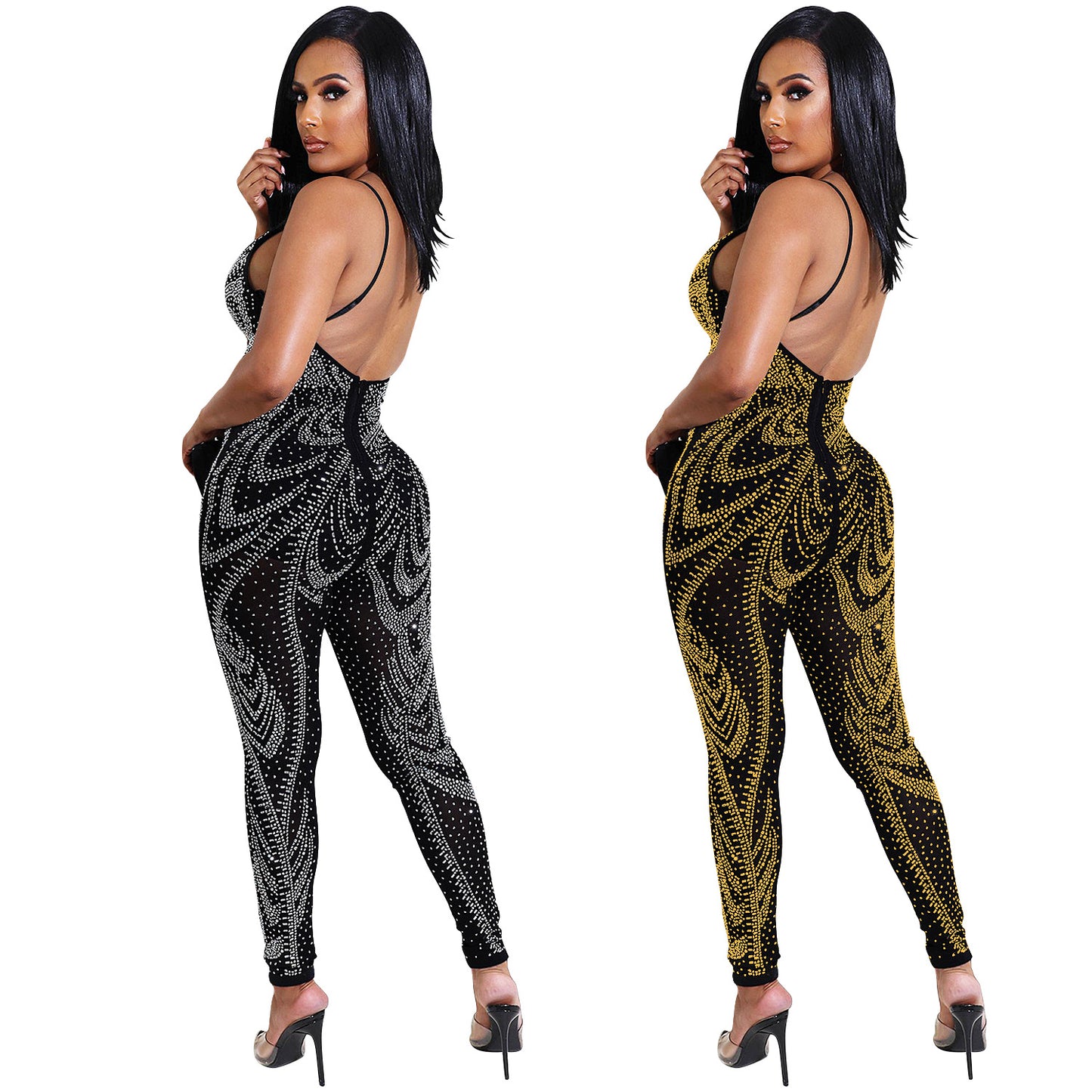 Dame Funklende Jumpsuit med gennemsigtigt design og luksuriøse rhinestones dekorationer Stilla