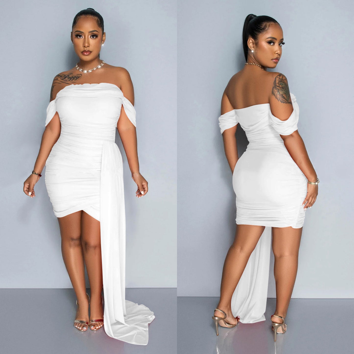 Dame elegant cocktailkjole med skulderfri form og asymmetrisk kant Stilla