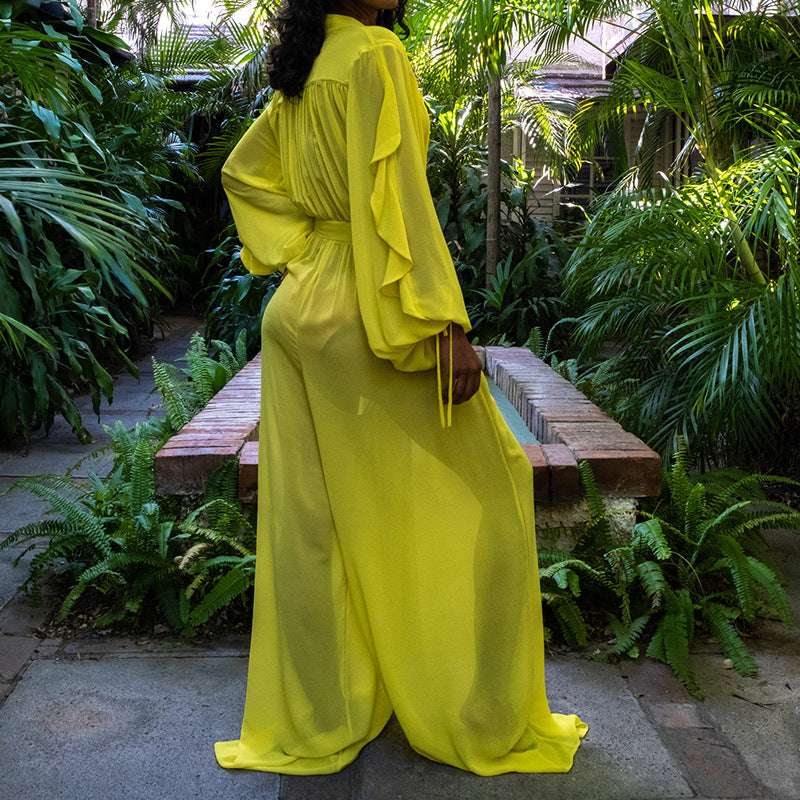 Dame Elegant Maxijumpsuit med transparent design og voluminøse ærmer Stilla
