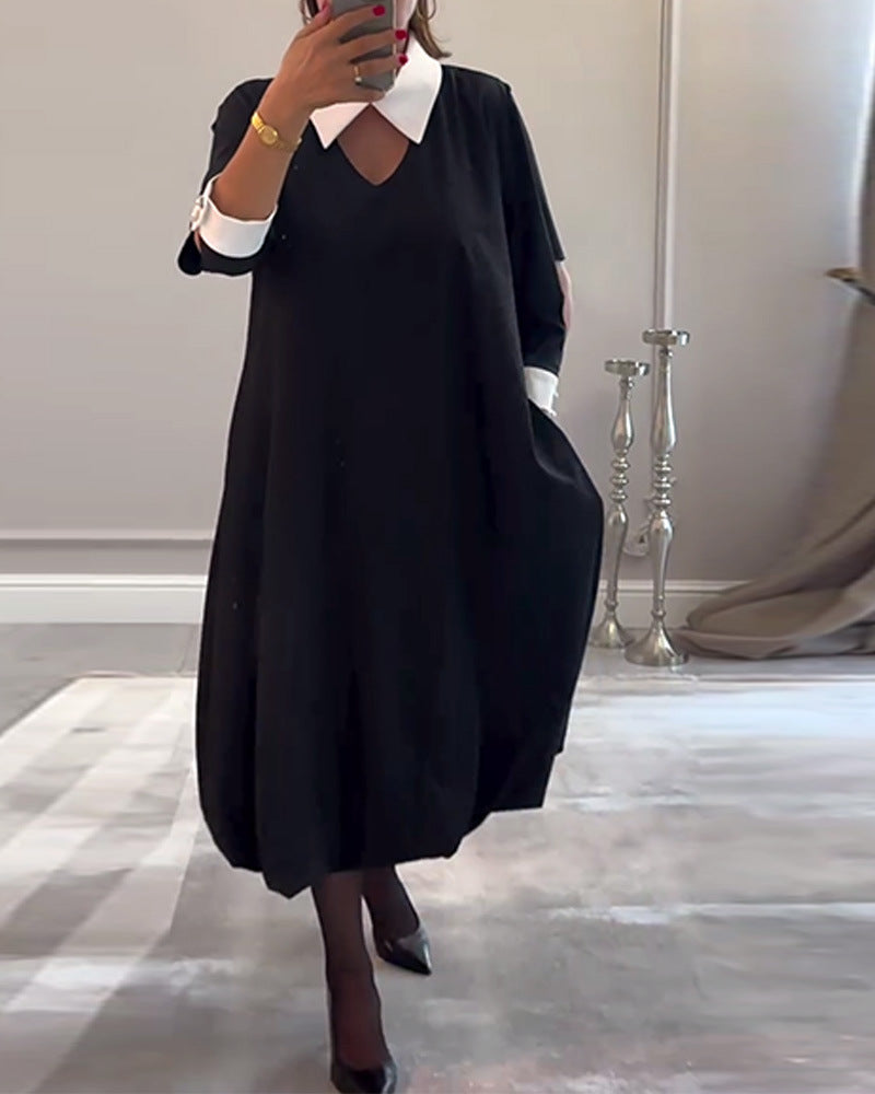 Dame afslappet skjortekjole med moderne V-udskæring og elegante kontrastærmer Stilla