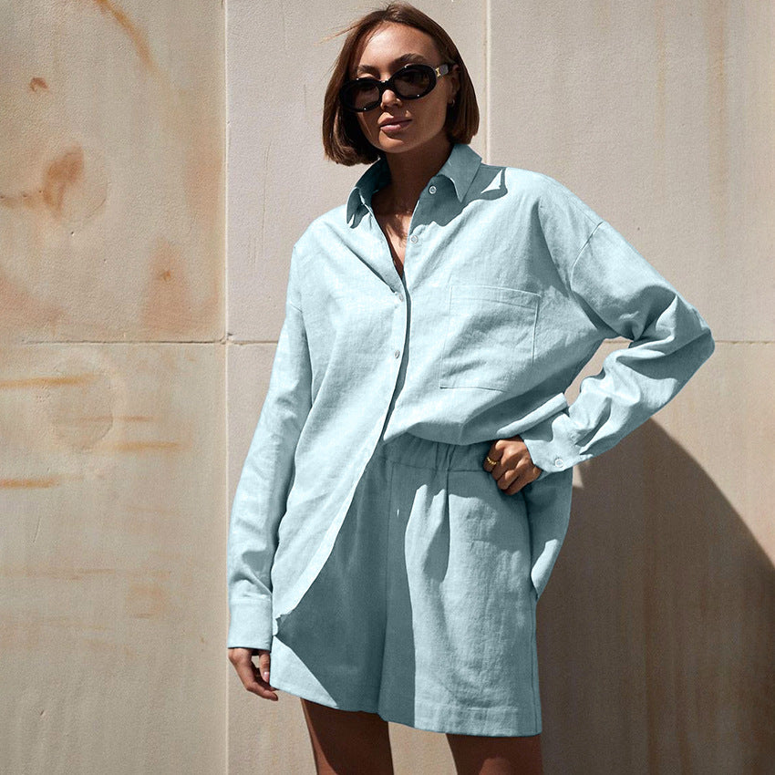 Dame afslappet linned skjorte og shorts sæt med løs pasform Stilla