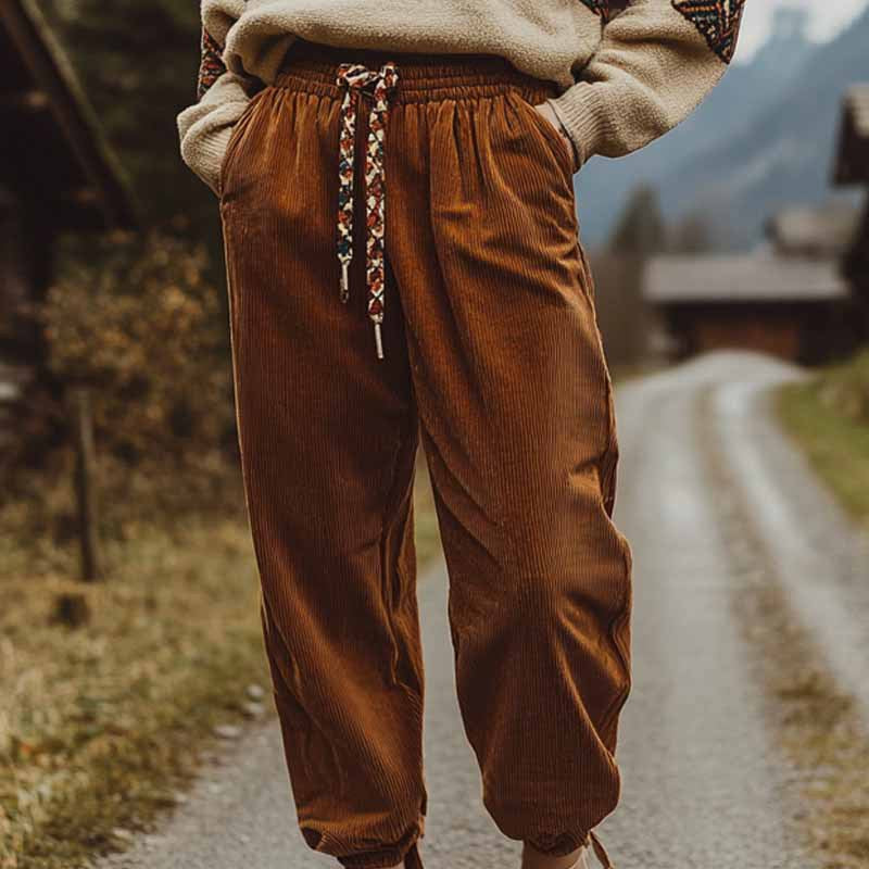 Dame afslappede cordbukser med elastisk liv og farverige snørebånd Stilla