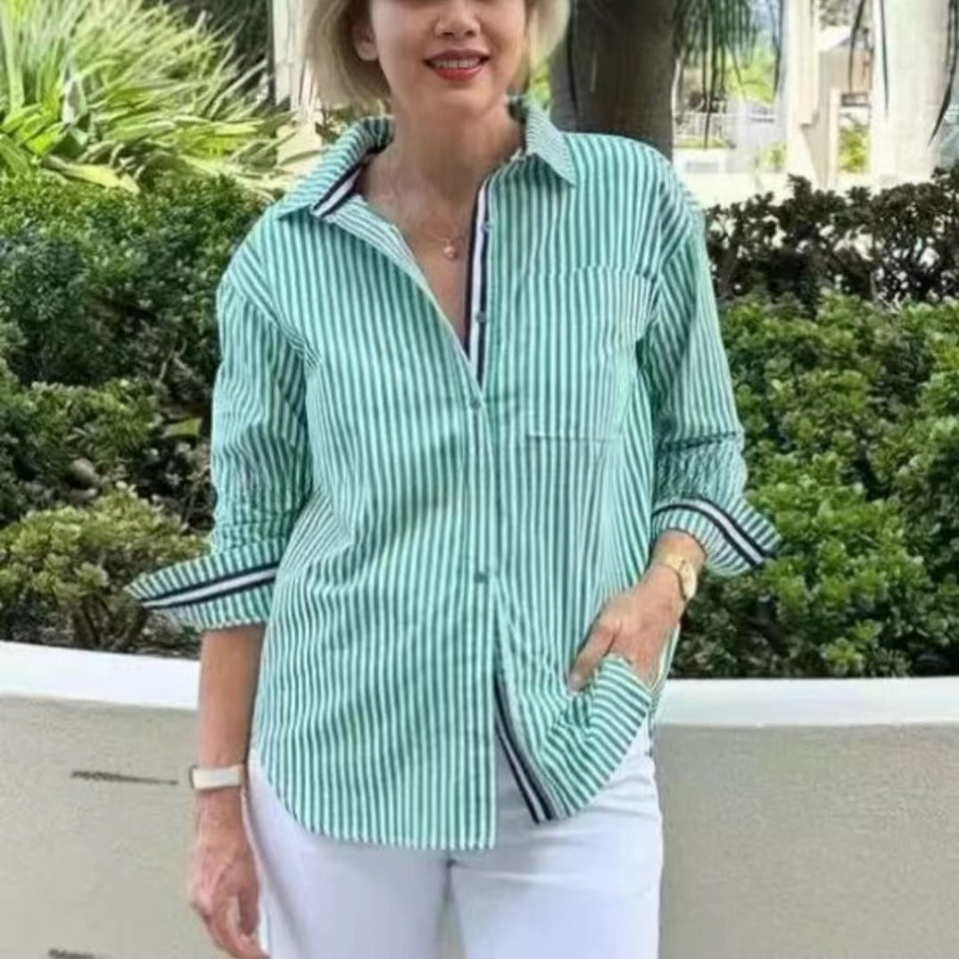 Dame afslappet bomulds skjorte med fine striber og brystlomme Stilla