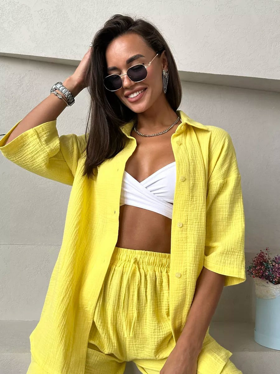 Dame afslappet kortærmet skjorte og shorts sæt med elastisk talje Stilla