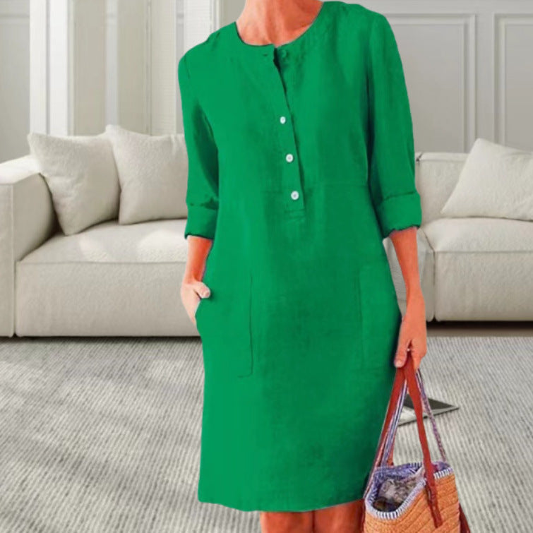 Dame afslappet linnedragt med knaplukning og praktiske lommer Stilla