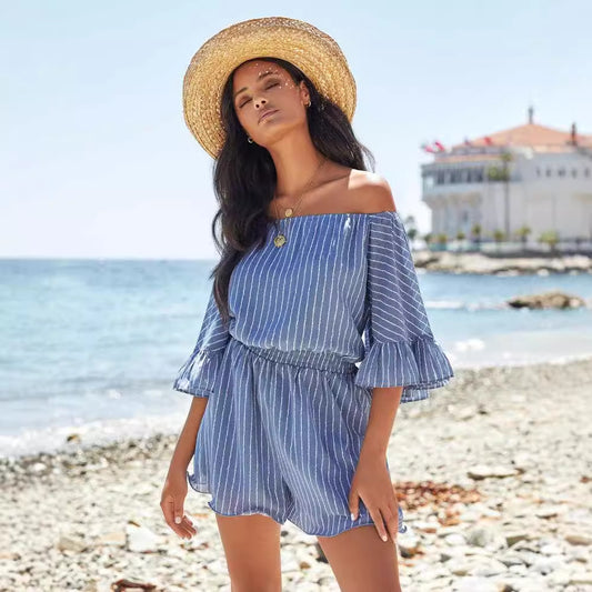 Dame Offshoulder jumpsuit med flæsedetaljer og elastisk talje Stilla
