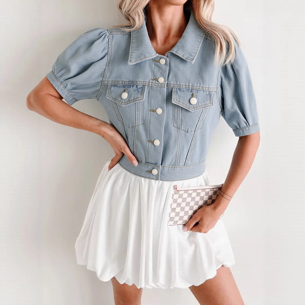 Dame cropped jeansjakke i stilfuld vintage-look med puffærmer og knapdetaljer Stilla