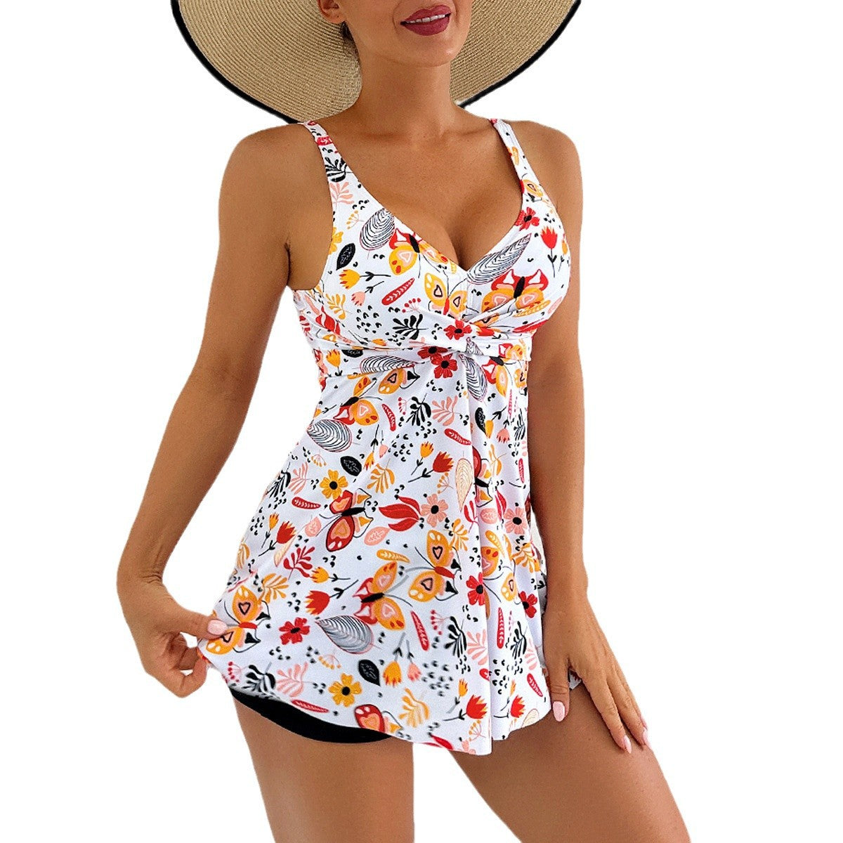 Dame Tankini sæt med floral overkjole og integreret shorts Stilla