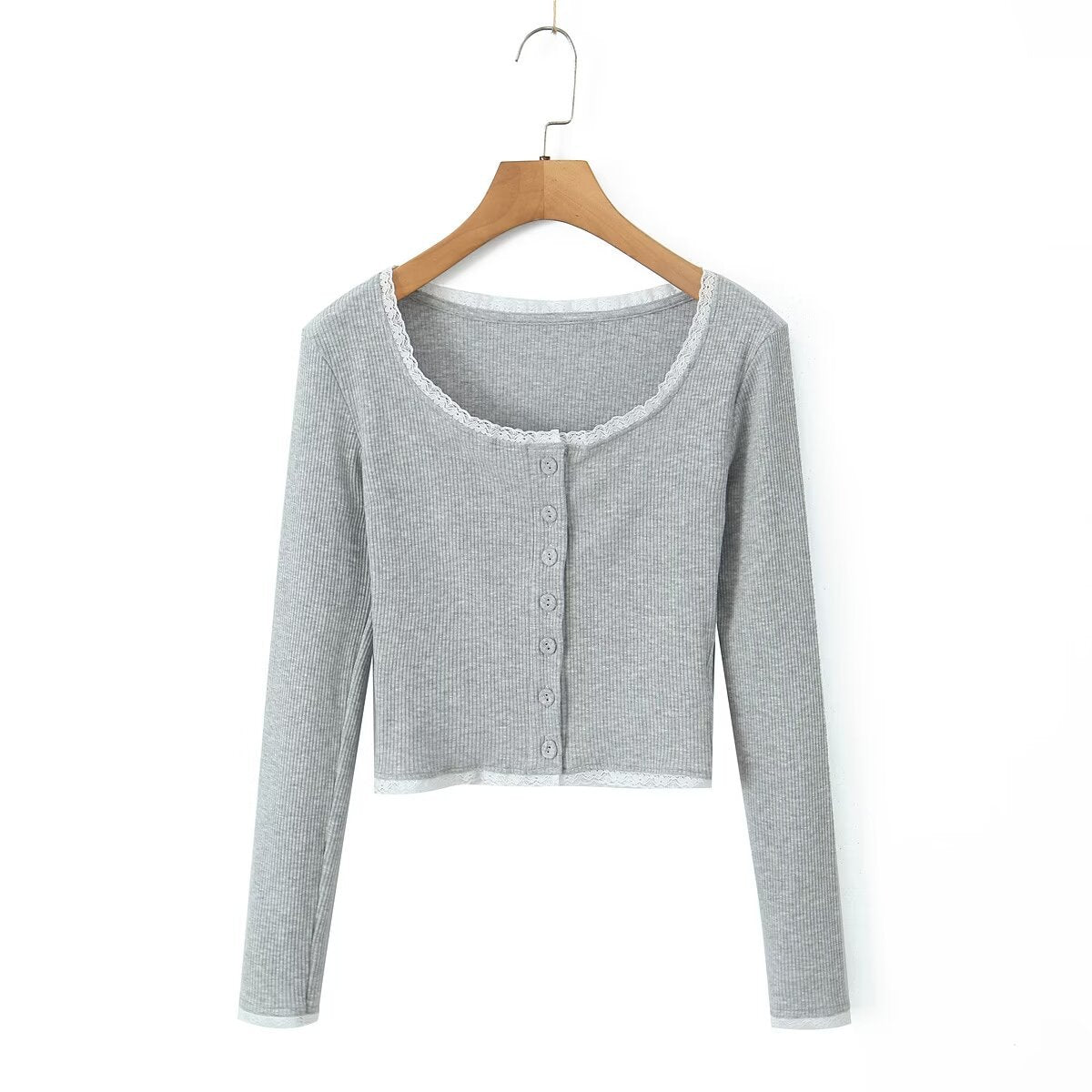 Dame cropped Langærmet skjorte med romantiske spidsdetaljer og knaplukning Stilla