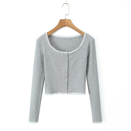 Dame cropped Langærmet skjorte med romantiske spidsdetaljer og knaplukning Stilla