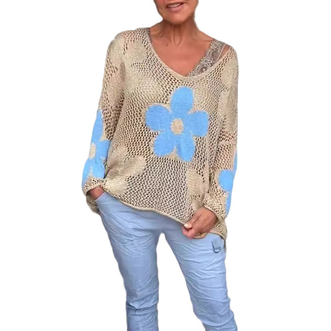Dame strikoverdel med stort blomsterdesign Stilla