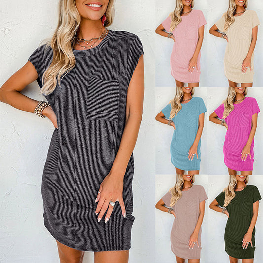 Dame afslappet kortærmet kjole med praktisk brystlomme Stilla