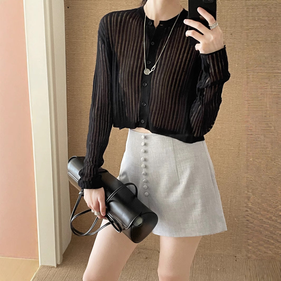 Dame Cropped Longsleeve med fin stribestruktur og elegant krave Stilla