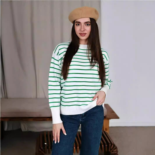 Dame afslappet stribepullover med bred pasform og højhalset rundhalsudskæring Stilla