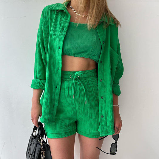 Dame afslappet top og shorts-sæt med knapdetaljer Stilla
