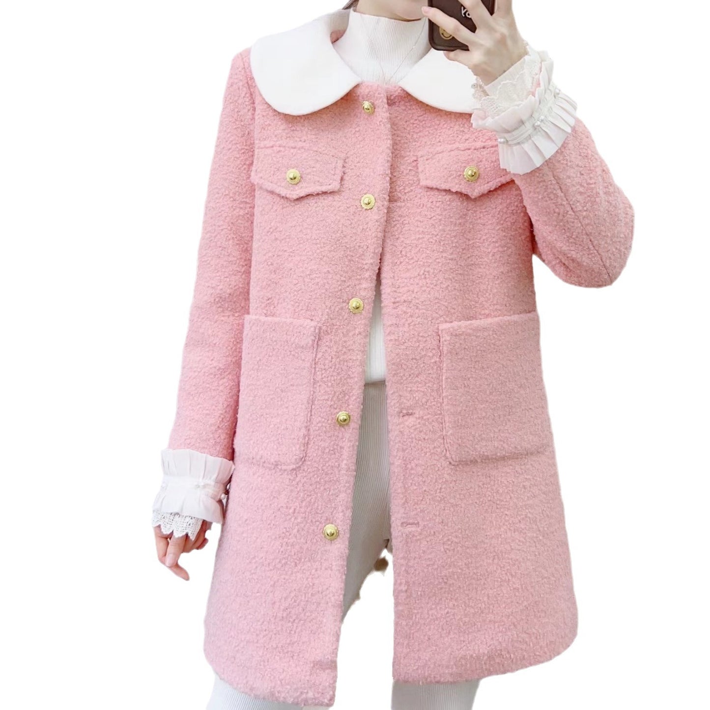 Dame elegant Boucle-jakke med smart krave og dekorative knapdetaljer Stilla