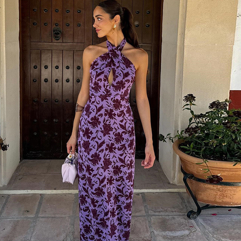 Dame Elegant Blomstermønster Aftenkjole med Højstående Uddybning Stilla