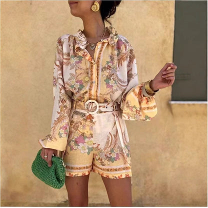 Dame Blusenshorts-sæt med floralt design og flæseærmer Stilla