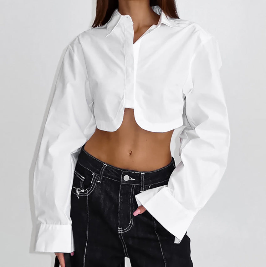 Dame cropped bluse med voluminøse ærmer og moderne krave Stilla