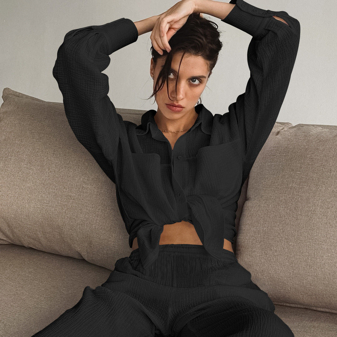 Dame afslappet skjorte- og bukse-sæt med struktureret overflade Stilla