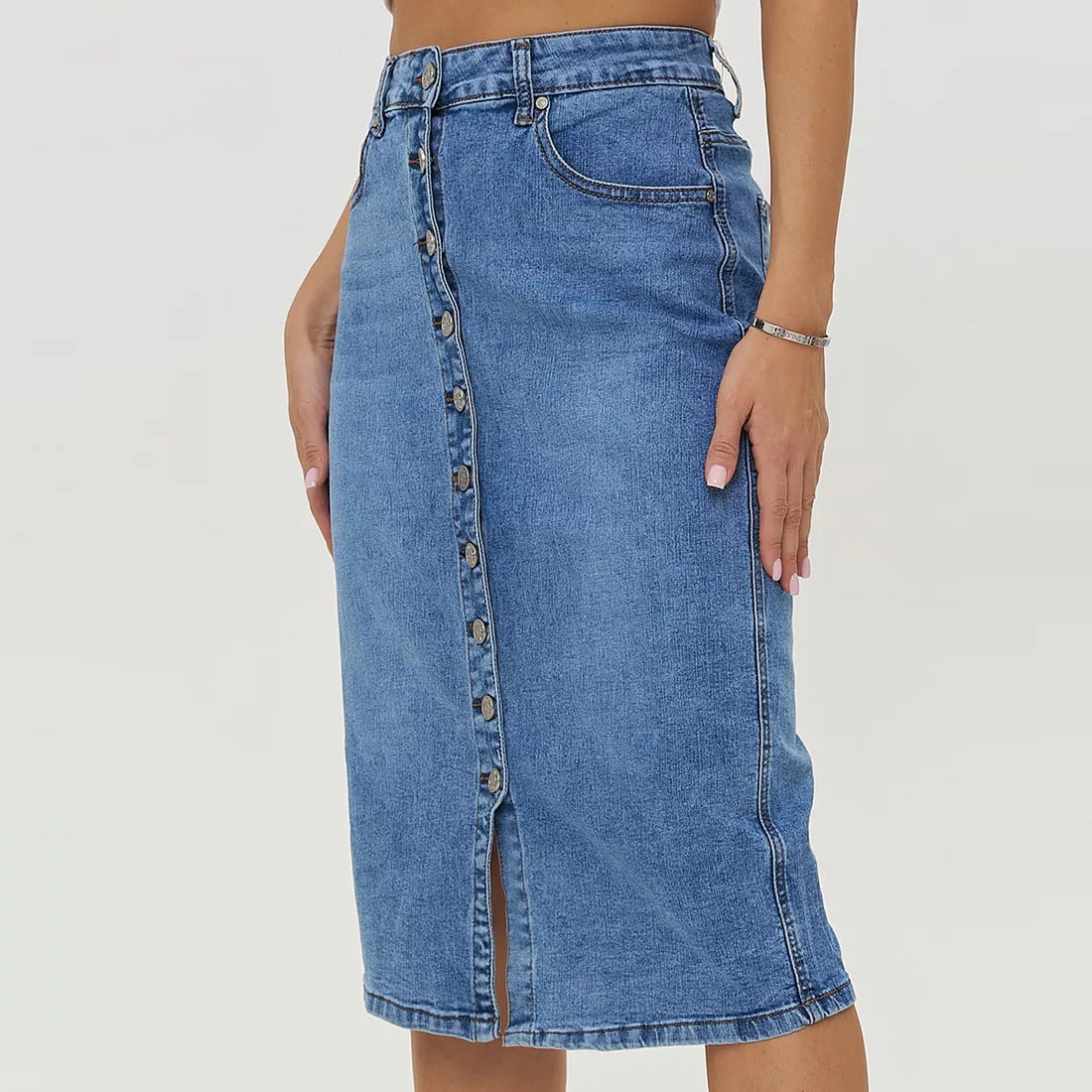 Dame Denim-Midi nederdel med knaplukning og høj talje Stilla