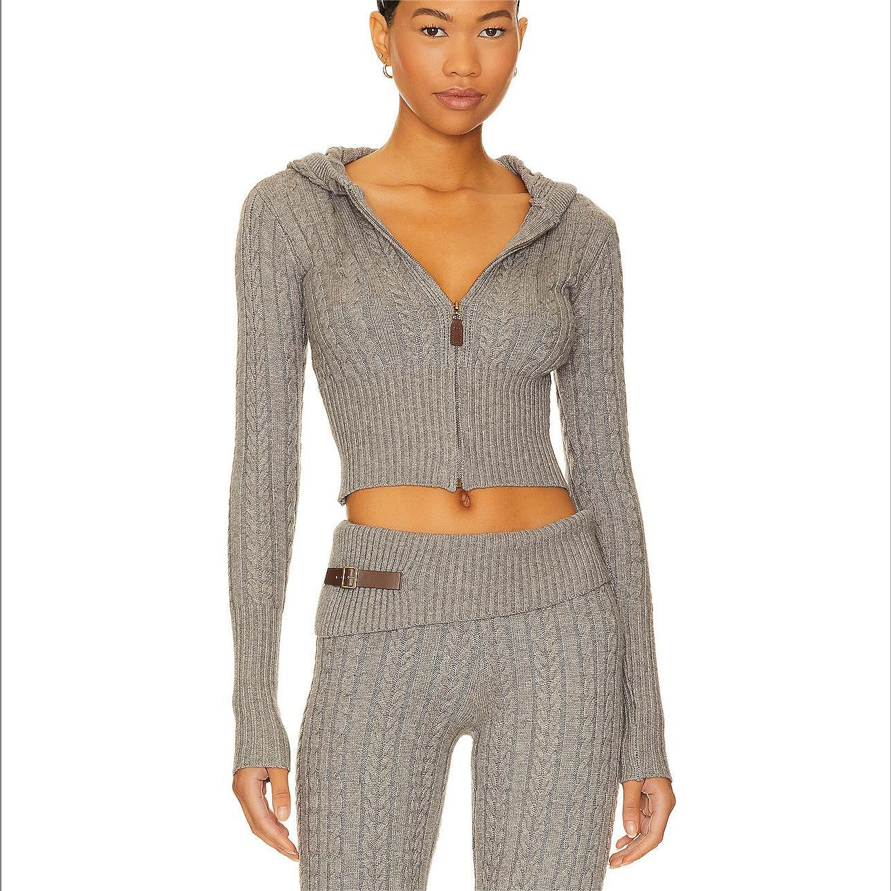 Femme Cozy Cropped Kabelstrik Hoodie Sæt Stilla
