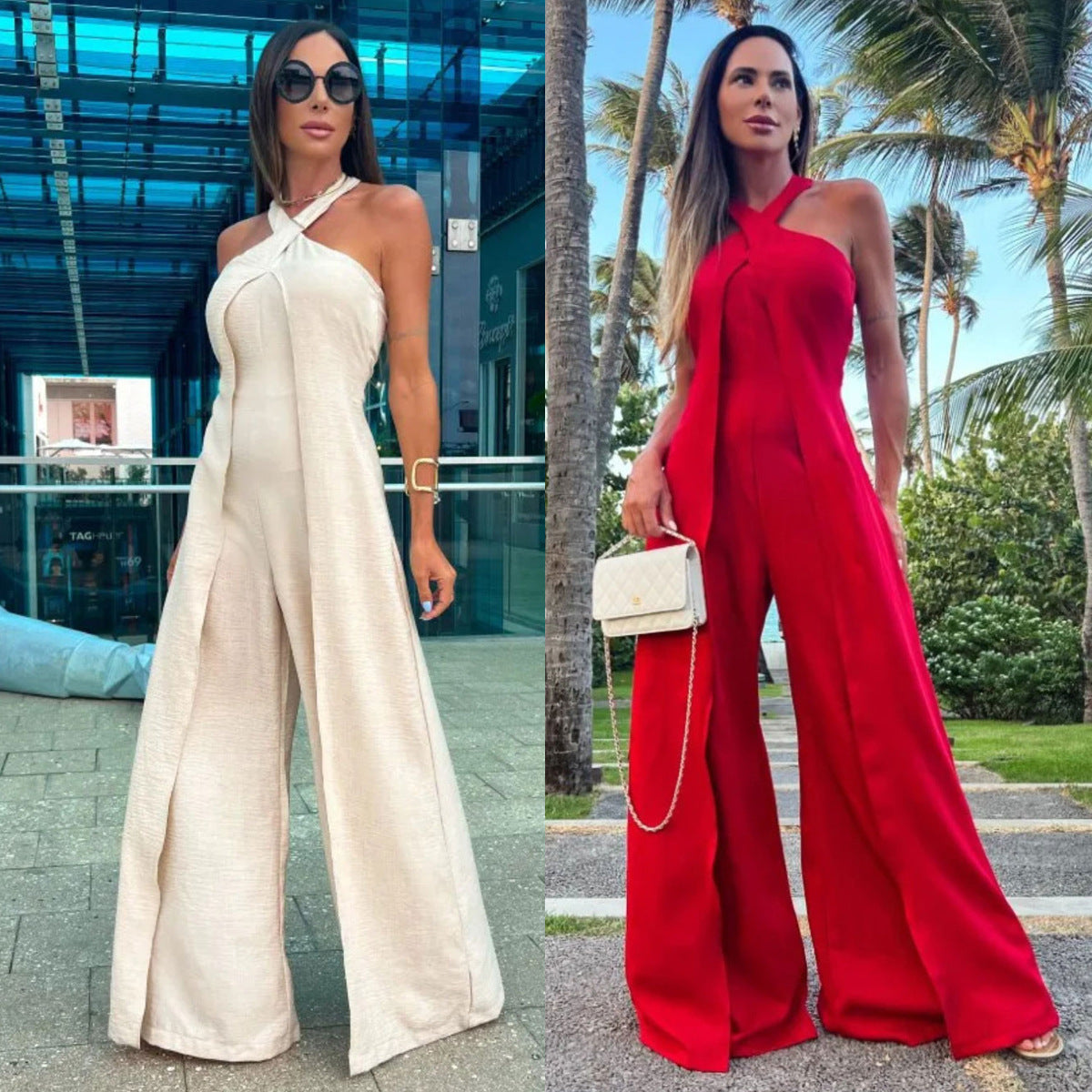 Dame jumpsuit med vidde ben og innovativ halterneck Stilla