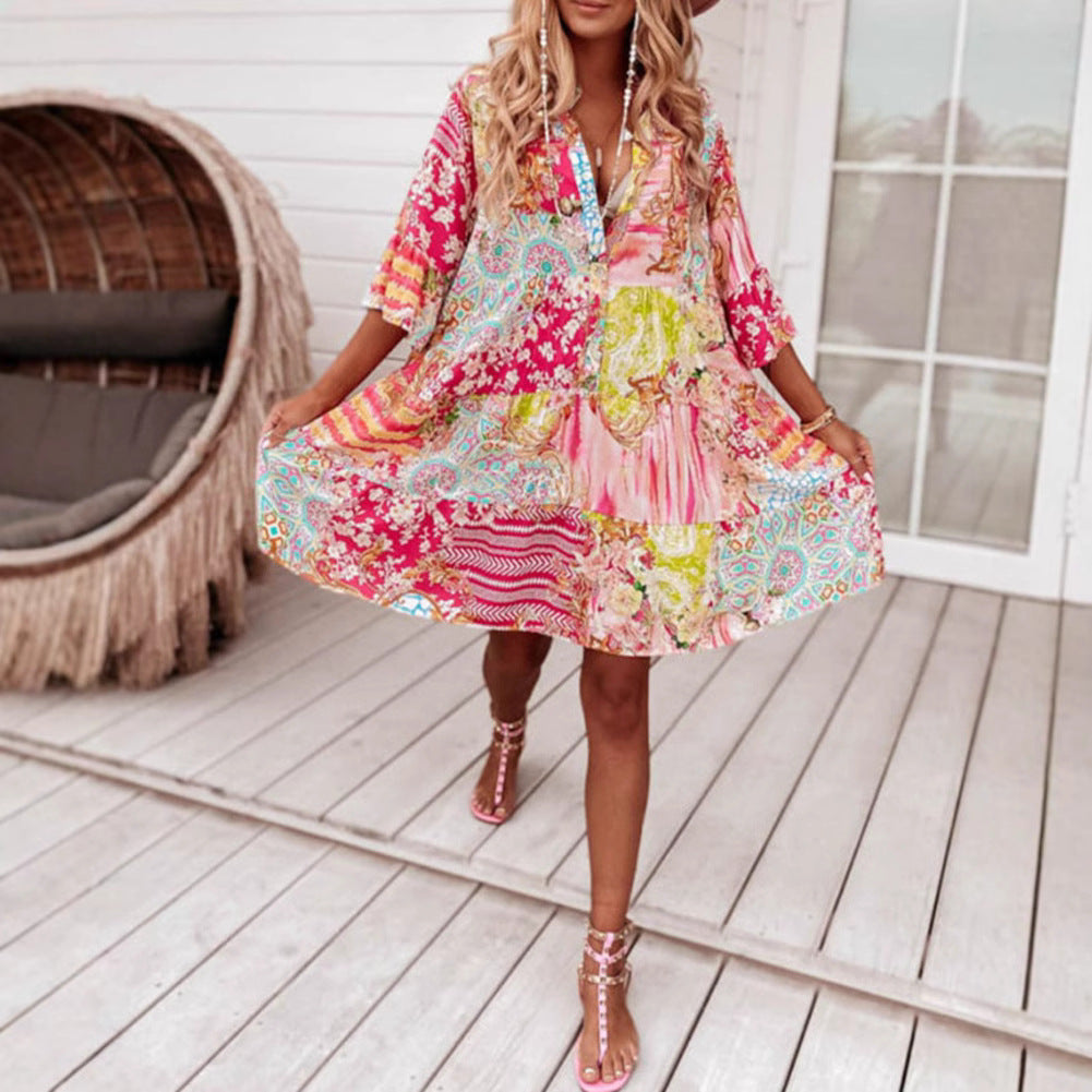 Dame afslappet maxikjole med farverigt patchwork-design og komfortabel pasform Stilla