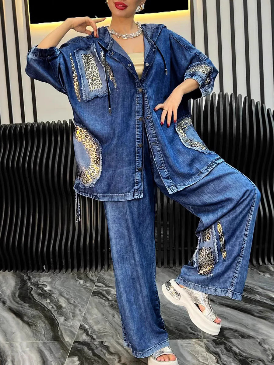 Dame afslappet denim sæt med hætte og dyreagtige accenter Stilla