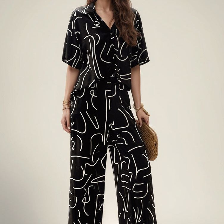 Dame Abstract Print Løs Pasform Loungewear Sæt Stilla
